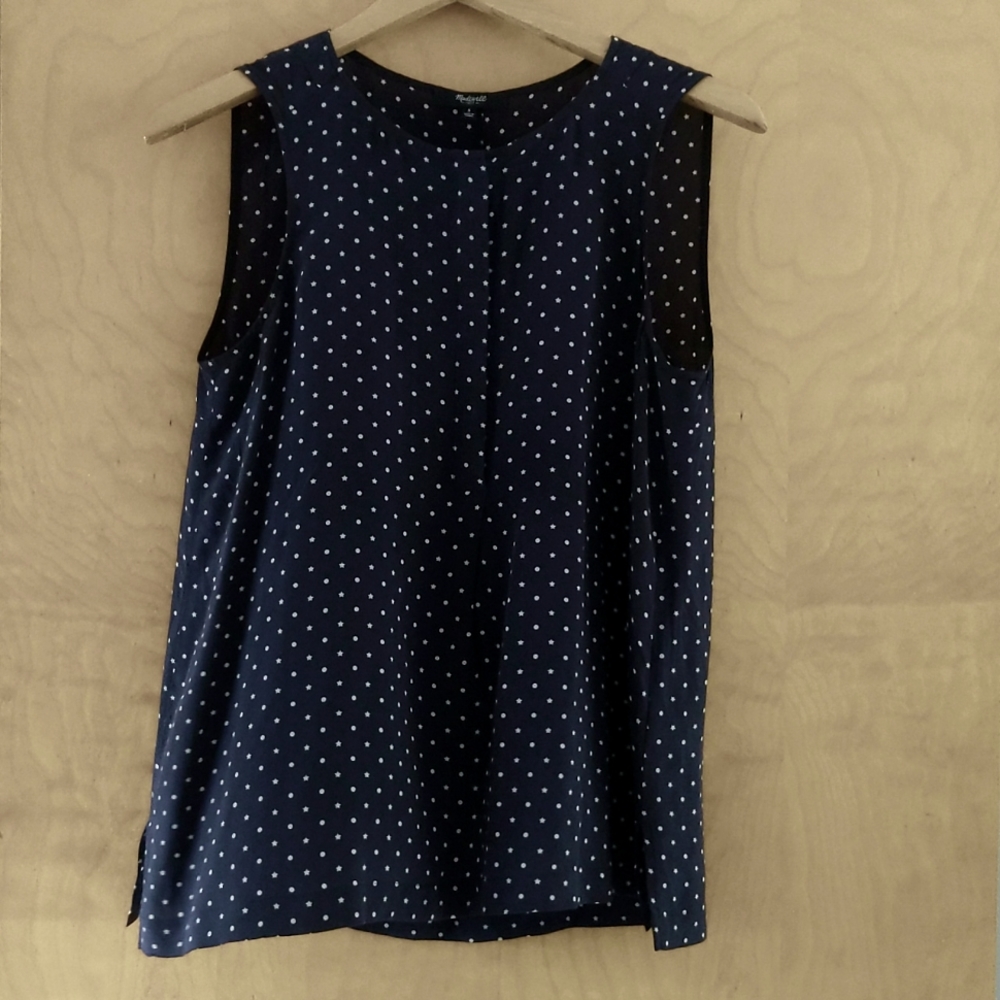 MADEWELL 100% silk sleeveless navy blue top white polka dots size small